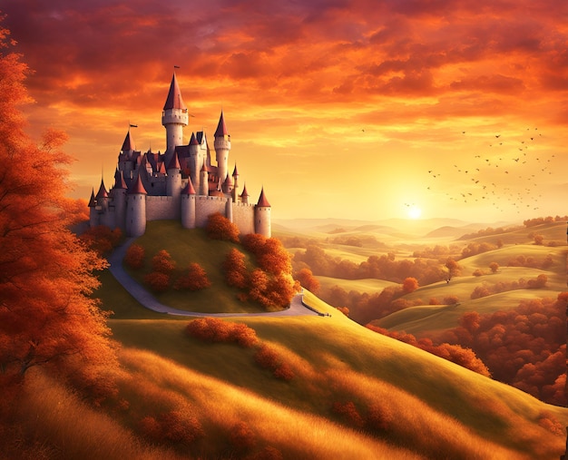 Märchenhafte mittelalterliche Burg auf einem hohen Hügel, umgeben von natürlicher Landschaft