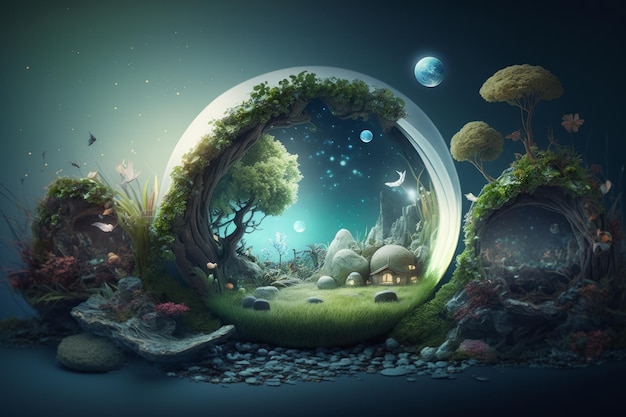 Märchenhafte natürliche grüne Umgebung Hintergrund Illustration AI Generative