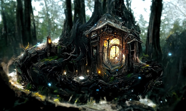 Märchenhafter Fantasy-Hauszauberer im Wald Ein Portal zu anderen Welten Leuchtende Türen und Fenster eines gruseligen Märchenhauses in einem dunklen Wald fantastische Illustration