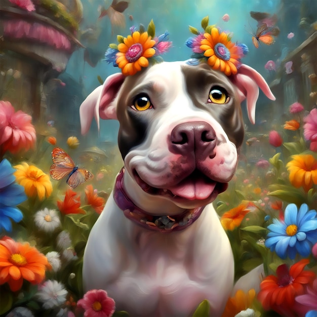 märchenhaftes Ölgemälde Octane Render 3D 8k Auflösung niedliche entzückende Pitbull bunte Blumen