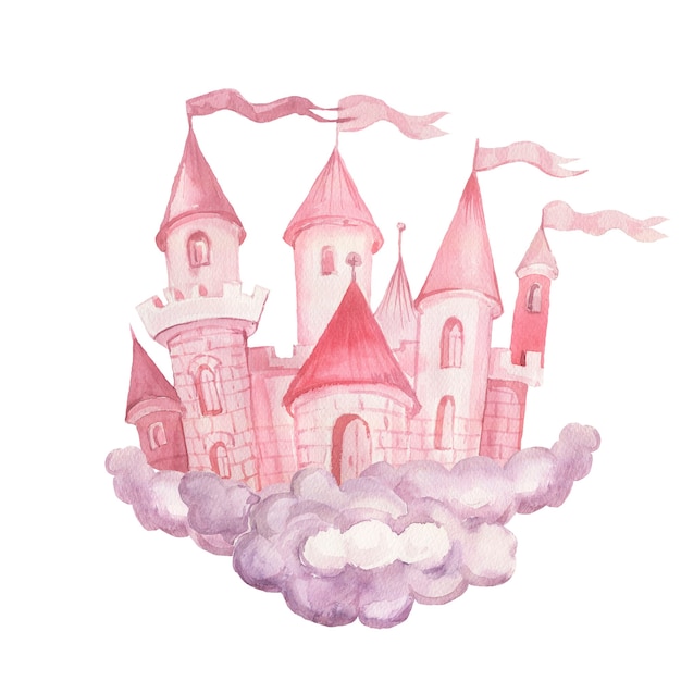 Märchenprinzessinschloss handgezeichnete Aquarellillustrationssatz Drucktextilhintergrundcliparts für kleine Mädchen für die Feiertagsglückwünsche Wolken rosa Farbe süßes Bild