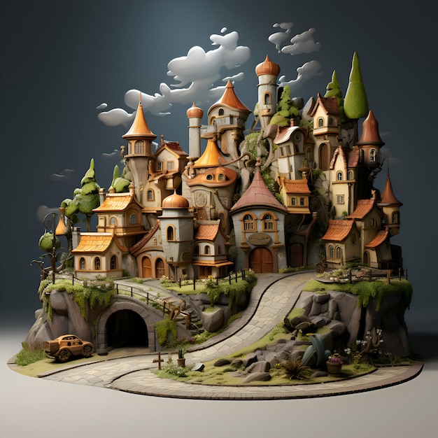 Märchenschloss auf dem Hügel 3D-Illustration Fantasie