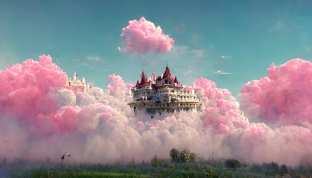 Märchenschloss, das in rosa Wolken gegen blauen Himmel schwimmt