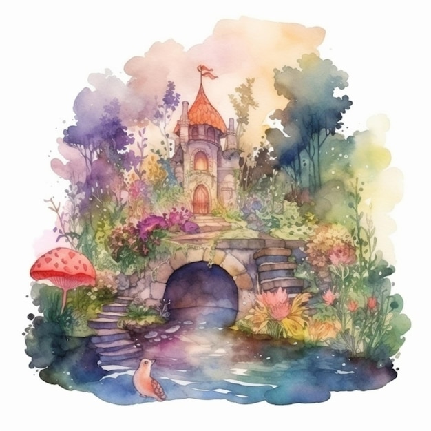 Märchenschloss im Wald-Aquarell-Illustration.