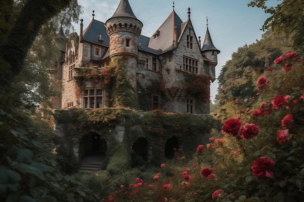 Märchenschloss mit generativen roten Rosen bewachsen