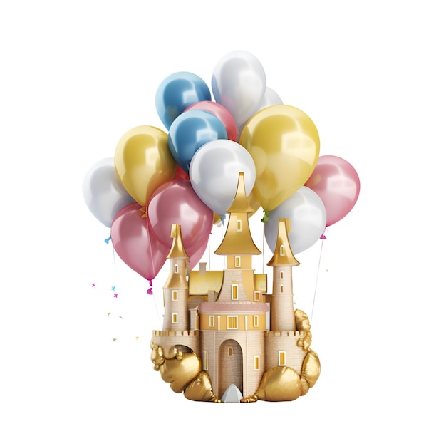 Märchenschloss mit Luftballons isoliert auf weißem Hintergrund 3D-Illustration