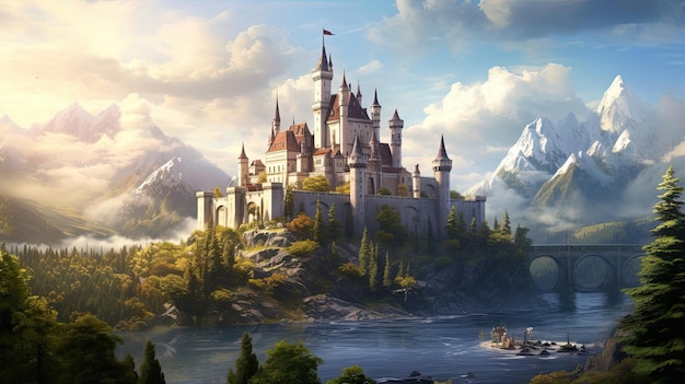 Märchenschloss, mystische Türme, geheimnisvolle Zugbrücken, faszinierende Geheimnisse, fesselnde bezaubernde Aura, generiert von KI