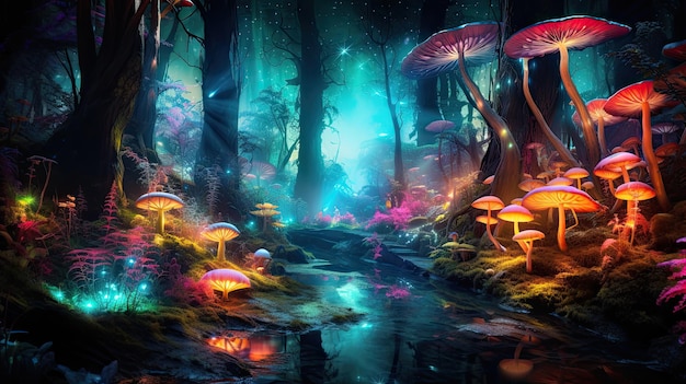 Märchenwald-Fantasie mit leuchtendem Neonlicht-Stil