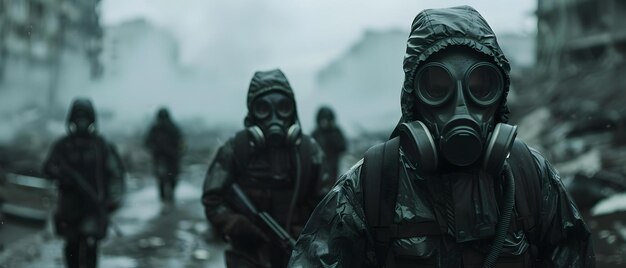 Foto märz der widerstandsfähigkeit hazmat truppen in ruinen konzept militäroperationen postapokalyptische szenen hazmat anzüge widerstandsfähigkeit gegen widrigkeiten dystopische zukunft