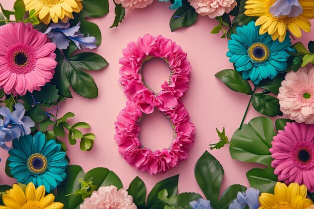 März glücklicher Frauentag Blume und Blätter Frühlingsferienhintergrund mit Nummer