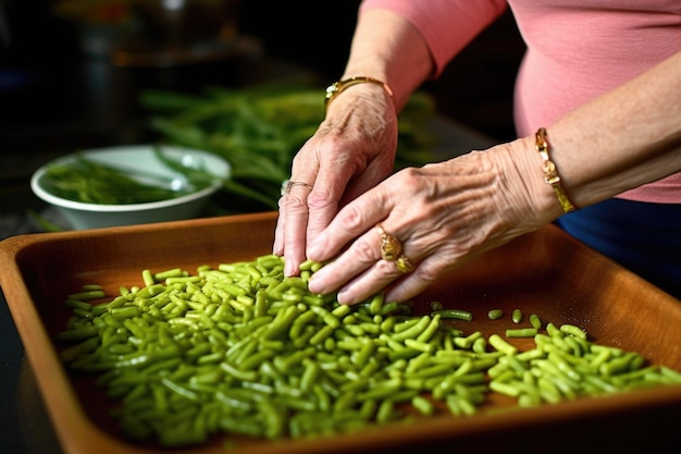 Mães arranjando feijão verde para purê de ervilha