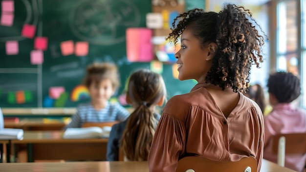 Foto maestra alegre mirando a sus estudiantes durante la lección