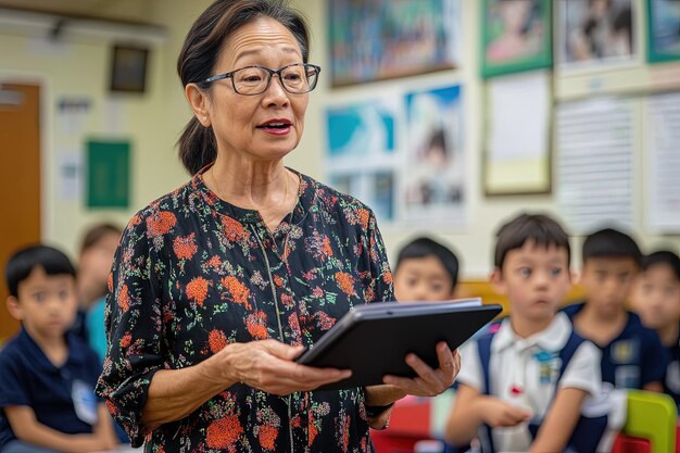 Maestra asiática usando la tableta en el aula con los estudiantes