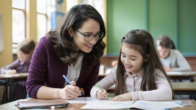 La maestra ayuda a la niña con la tarea.