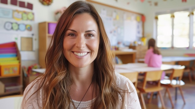 Una maestra bonita sonriendo a la cámara en la parte de atrás de la clase en la escuela primaria