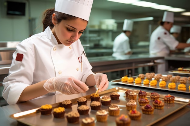 Maestra chef chocolatera trabajando en laboratorio de chocolate artesanal profesional AI Generativo