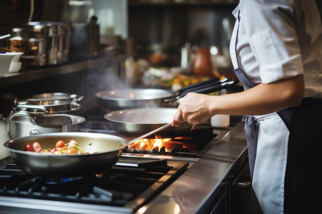 Maestra chef cocinera mujer manos con precisión cocinar aderezo preparar sabroso fresco delicioso