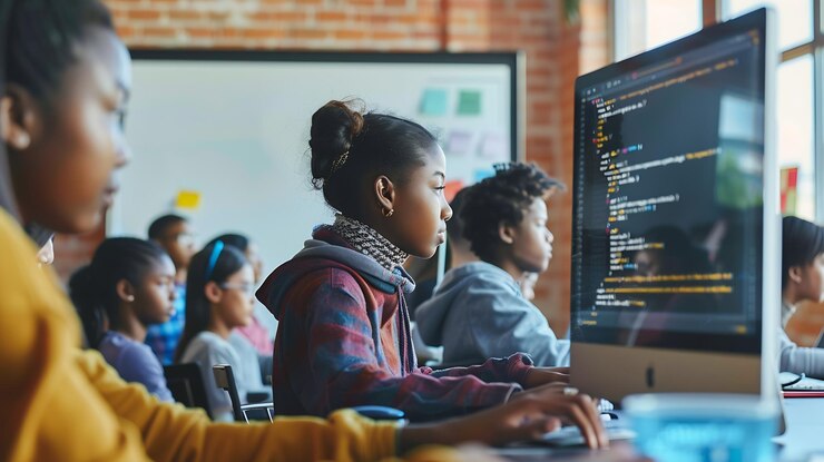 Foto maestra dando una conferencia de ciencias de la computación a un grupo multiétnico diverso de mujeres y m de ia generativa