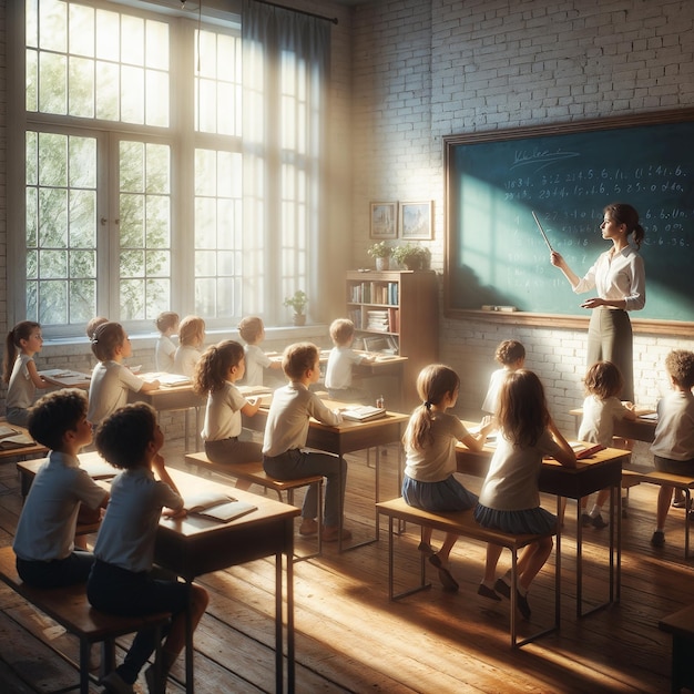 Maestra enseñando a los niños Luz suave de la ventana Día de los maestros AI generada