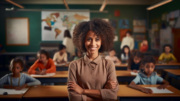Maestra de escuela negra en el aula hermosa imagen de ilustración IA generativa