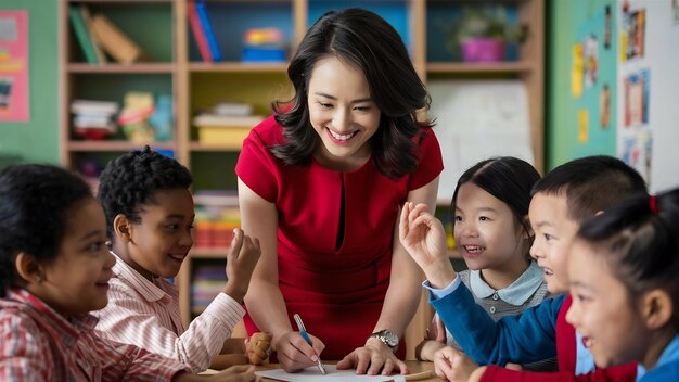 Maestra feliz ayudando a sus estudiantes