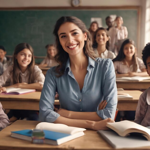 Maestra feliz con el trasfondo de los estudiantes