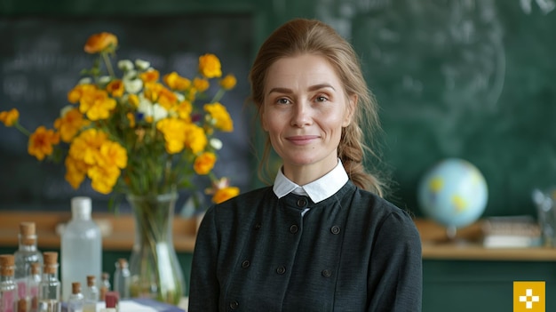 Maestra en el fondo de una junta escolar y generación de IA en el aula