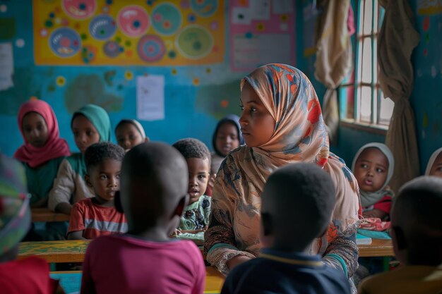 Maestra con hijab interactuando con diversos estudiantes jóvenes en un aula colorida