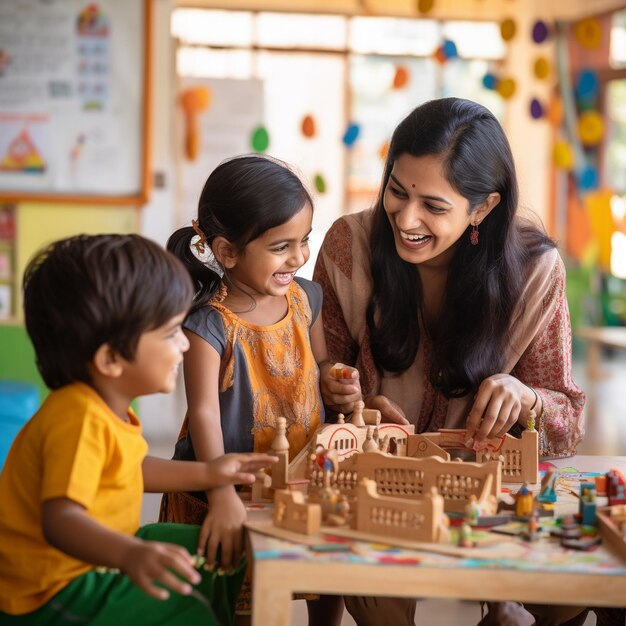 Maestra india de preescolar con niños jugando