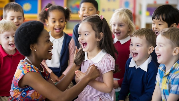 Foto maestra de jardín de infantes jugando con niños