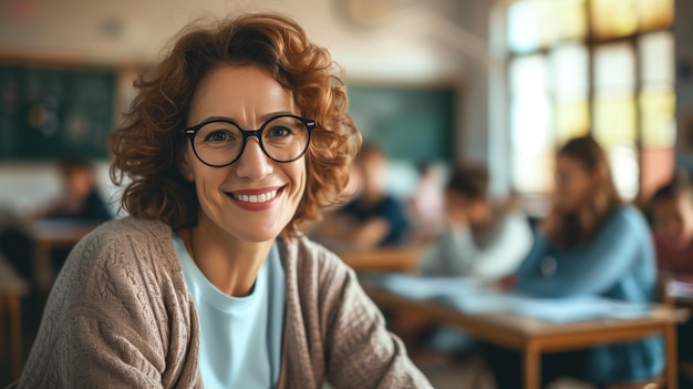 Una maestra madura sonriente interactuando con los estudiantes en el aula