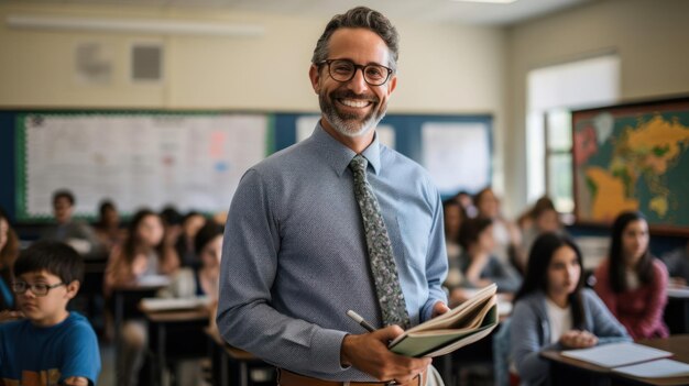 Foto maestra de matemáticas de secundaria con libro de texto haciendo conceptos complejos agradables