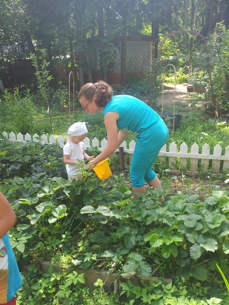 Foto maestra y niña de pie junto a las plantas de fresa en el patio