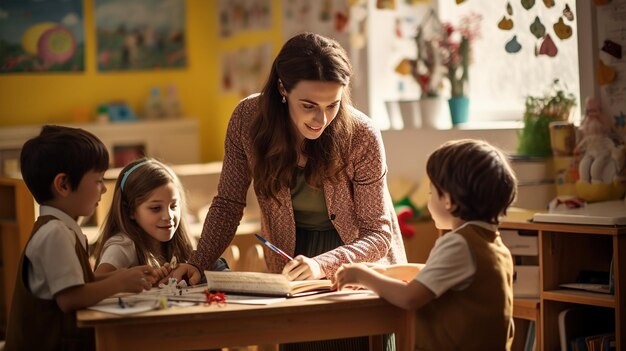 Foto maestra con niños en clase