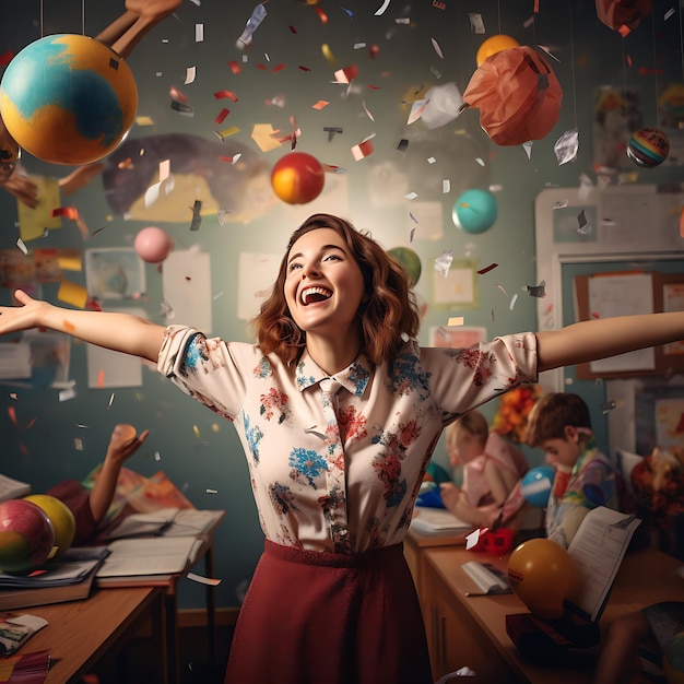maestra parada frente a un escritorio con globos y confeti volando alrededor de su concepto de maestra