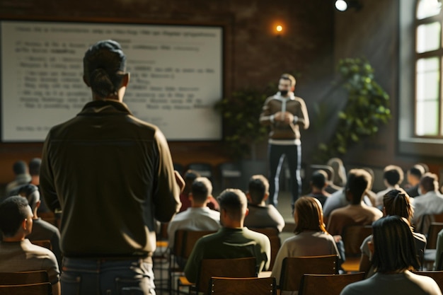 Maestra que dirige una clase de oratoria en público