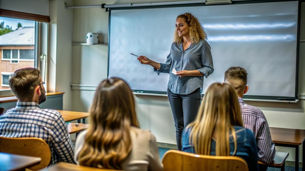 Una maestra de secundaria de pie frente a una lección interactiva de pizarra blanca