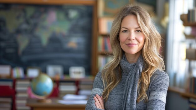 Maestra segura en el aula con globo y libros