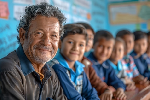 Maestra sénior con estudiantes sonrientes en el concepto educativo del entorno del aula