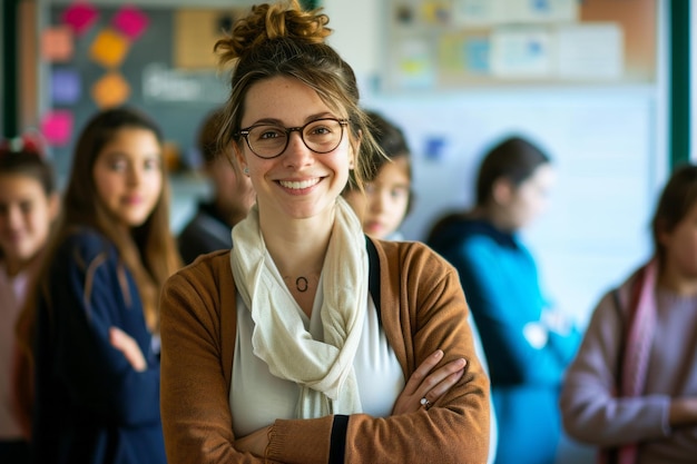 Maestra sonriente en el aula con estudiantes en el fondo