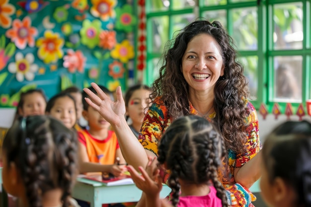 Foto una maestra sonriente se involucra con jóvenes estudiantes en un ambiente de clase colorido que representa