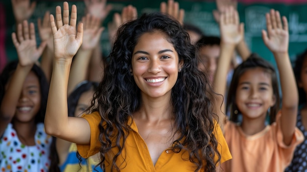 Maestra sonriente con las manos levantadas en el aula