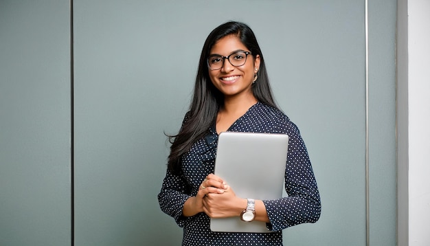 Foto una maestra universitaria india de mediana edad sonriente con un retrato de una computadora portátil