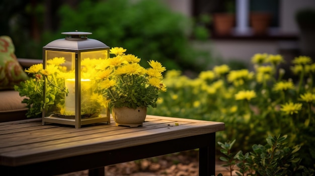 Maestría del paisaje Linterna solarizada ilumina la mesa con flores amarillas