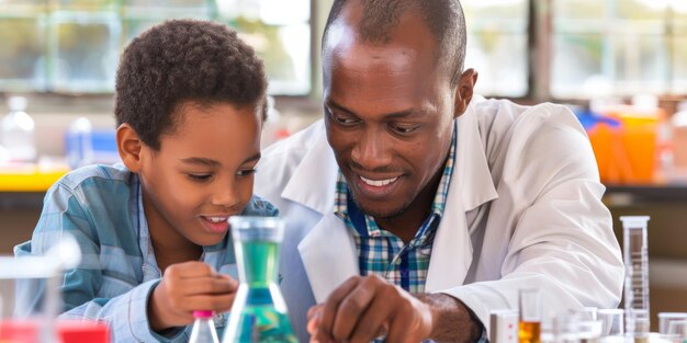 un maestro afroamericano ayudando a un estudiante con un proyecto de feria de ciencias
