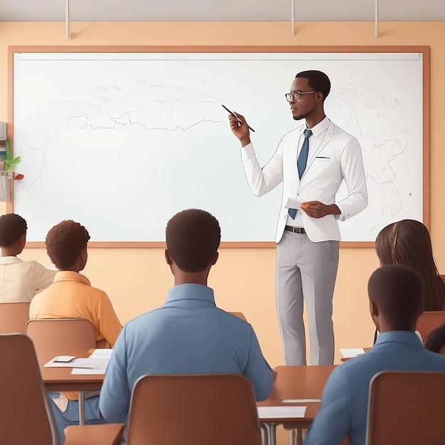 un maestro en un aula con estudiantes frente a una pizarra con un mapa del mundo a la izquierda