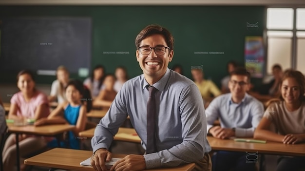 Un maestro en un aula con sus estudiantes en el fondo