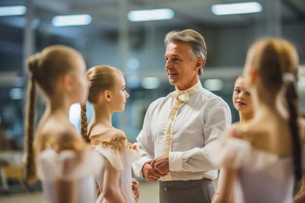 Maestro de ballet ofrece retroalimentación a un grupo de jóvenes bailarines dedicados