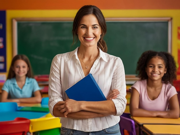 un maestro con una carpeta azul que dice niños de la escuela