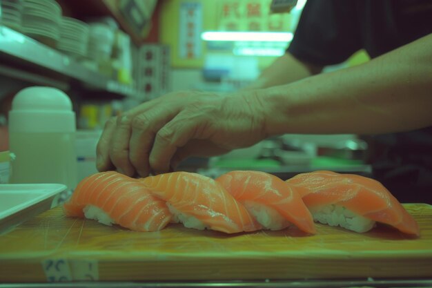 Maestro chef japonés experimentado y hábil que prepara rollos de sushi cocina tradicional restaurante bistro